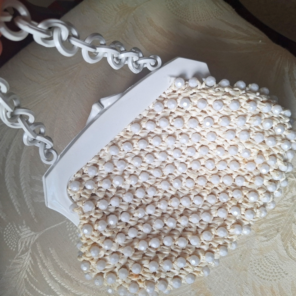 White And Off White Raffia And Plastic Beads Women's Bag - Made In Italy